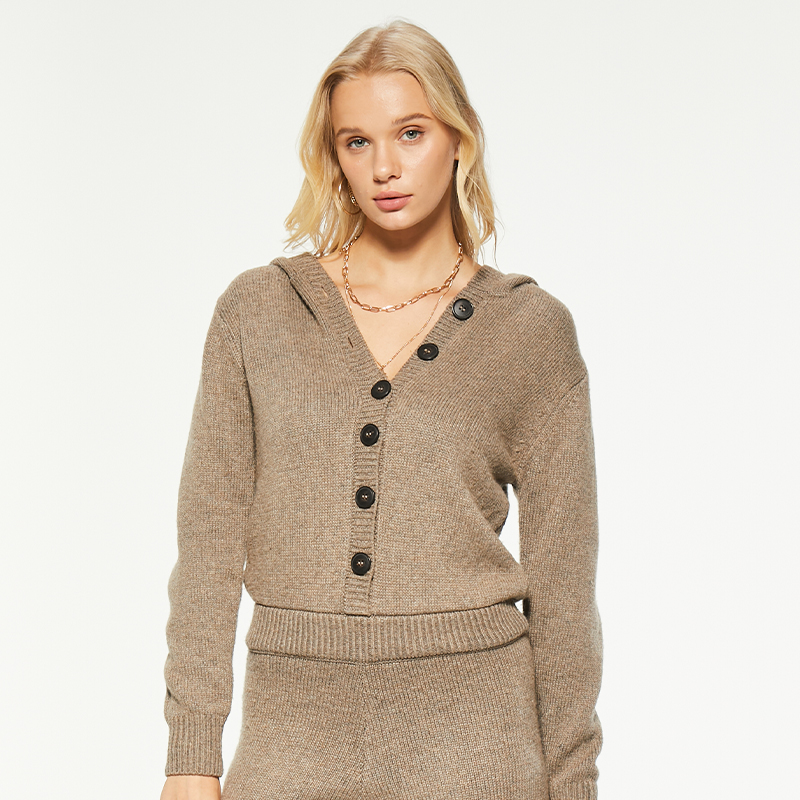 Brown Long Knit Wool Blend Hooded Jumpsuit