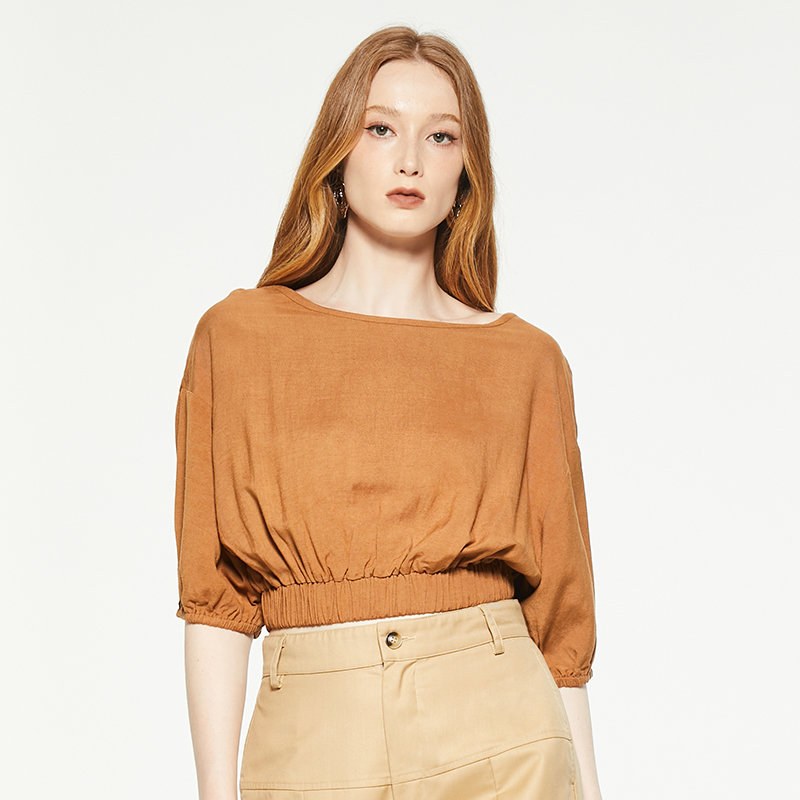 Retro round neck mid-sleeve crop top
