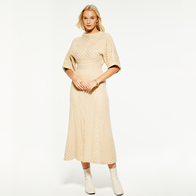 Artisanal Charm Boat Neck Cable Knit Dress