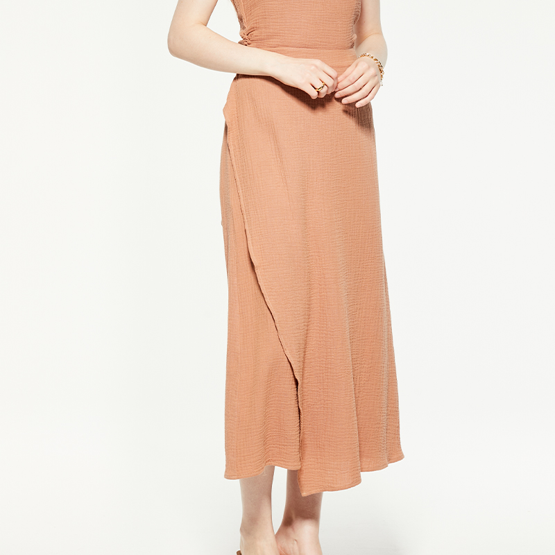 Peach wrap-effect chiffon midi skirt
