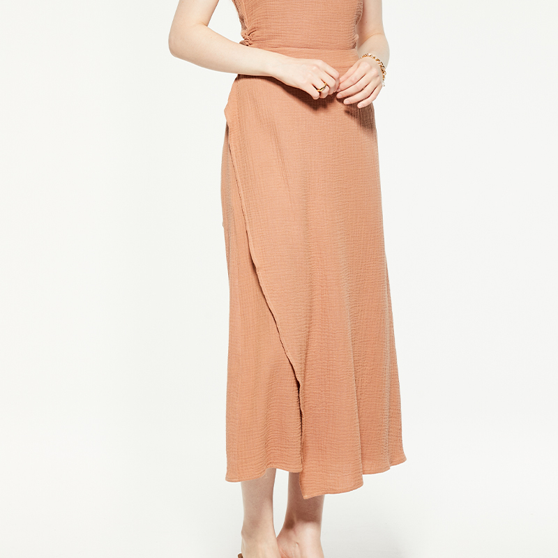 Peach wrap-effect chiffon midi skirt