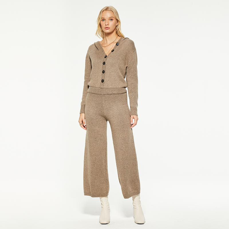Brown Long Knit Wool Blend Hooded Jumpsuit