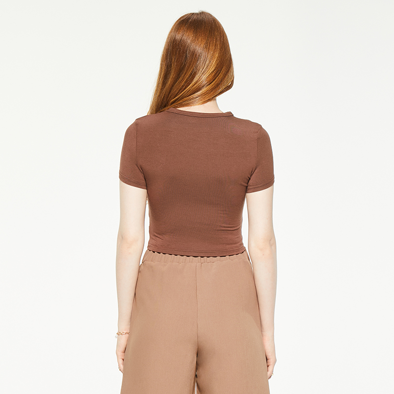 Brown round neck tight short sleeve blouse