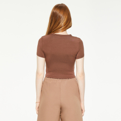 Brown round neck tight short sleeve blouse