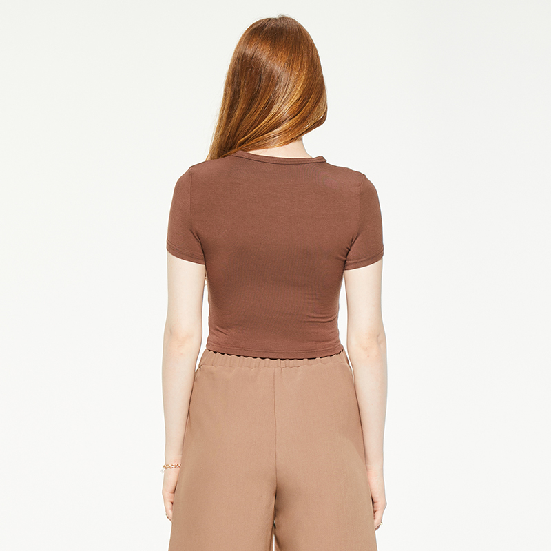 Brown round neck tight short sleeve blouse