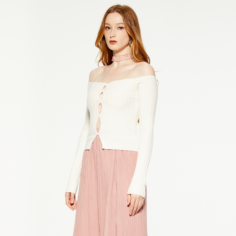 One-shoulder hollow knitted long-sleeved top