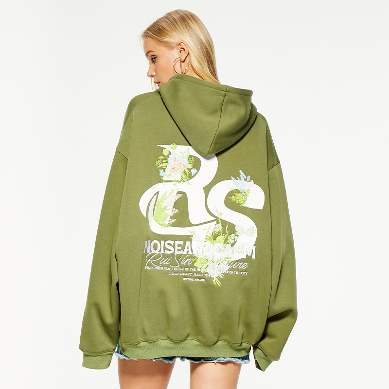 OEM casual loose printed zipper hooded sweatshirt
