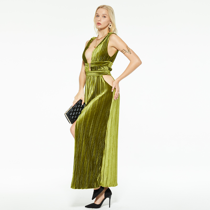 V-neck hollow slit suspender dress