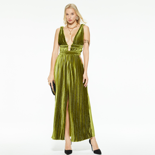 V-neck hollow slit suspender dress