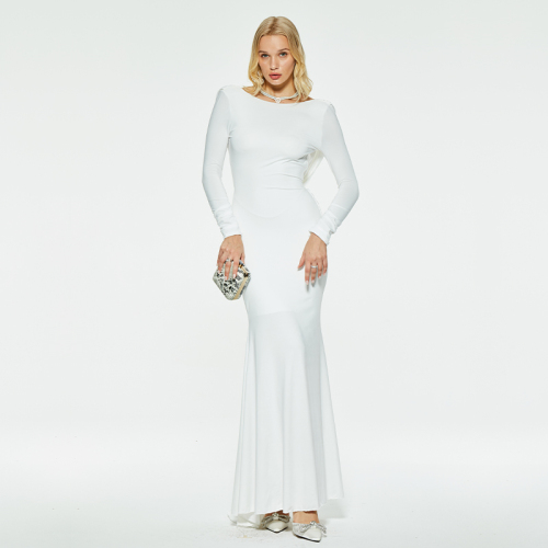 White solid color cross backless long sleeve knitted dress