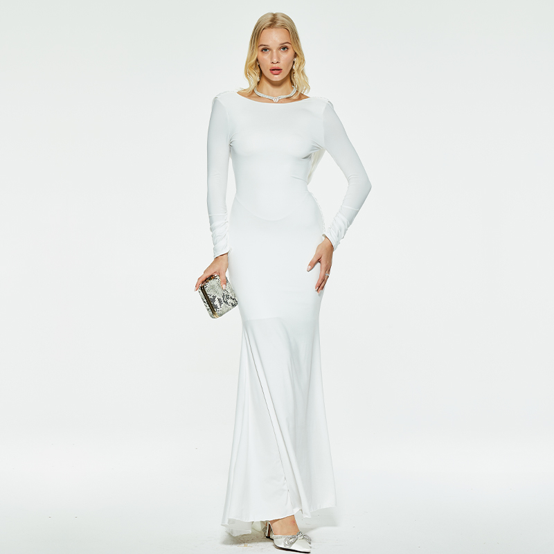 White solid color cross backless long sleeve knitted dress