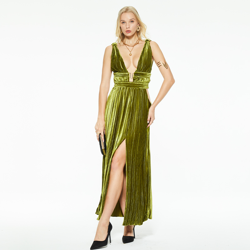 V-neck hollow slit suspender dress