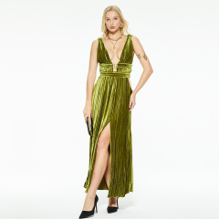 V-neck hollow slit suspender dress