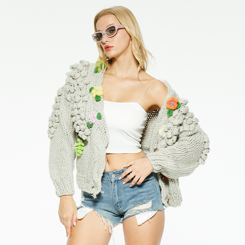 Solid color colorful flowers knitted jacket