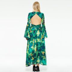 v-neck trumpet sleeves cutout backless slit dress