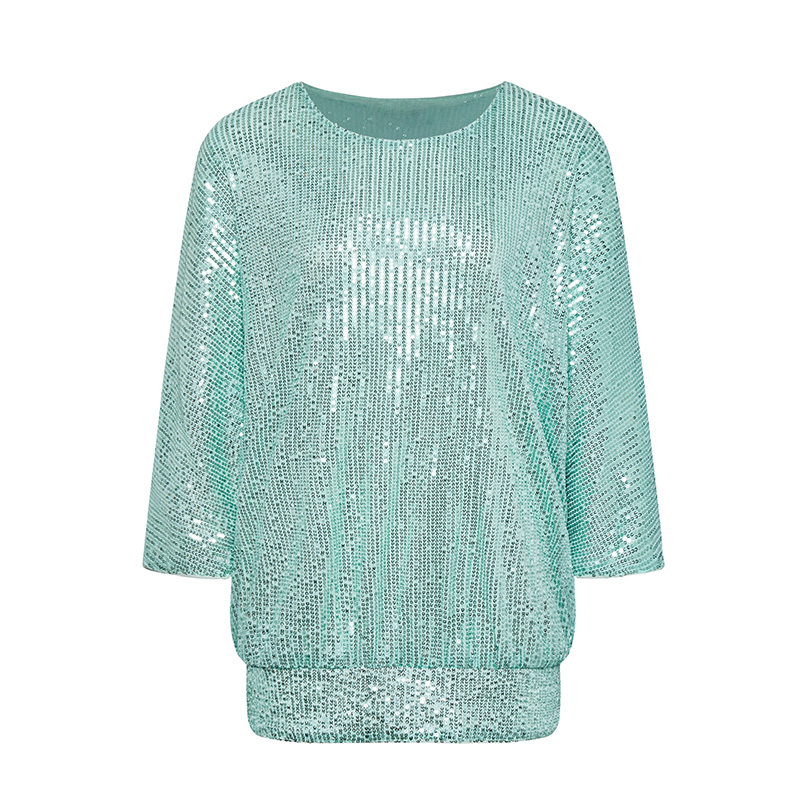 Mint green commuter round neck sequined long-sleeved top