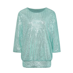 Mint green commuter round neck sequined long-sleeved top