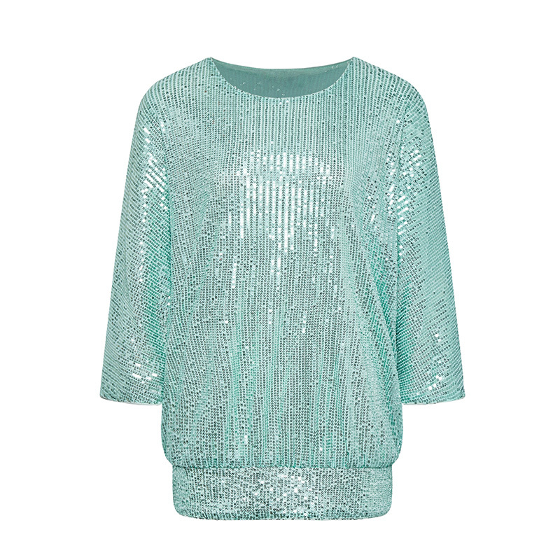 Mint green commuter round neck sequined long-sleeved top