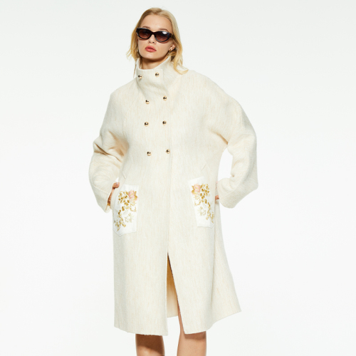 Elegant solid color high collar long double breasted woolen windbreaker