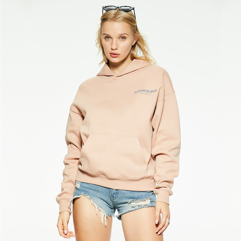 Casual large pocket solid color printed hooded sweatshirt