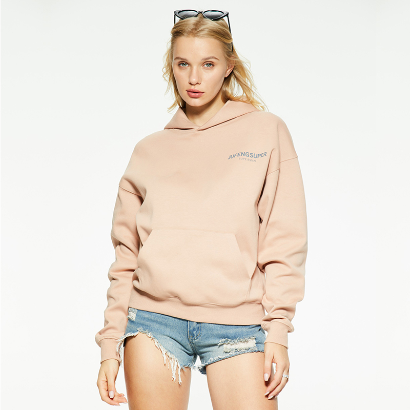 Casual large pocket solid color printed hooded sweatshirt