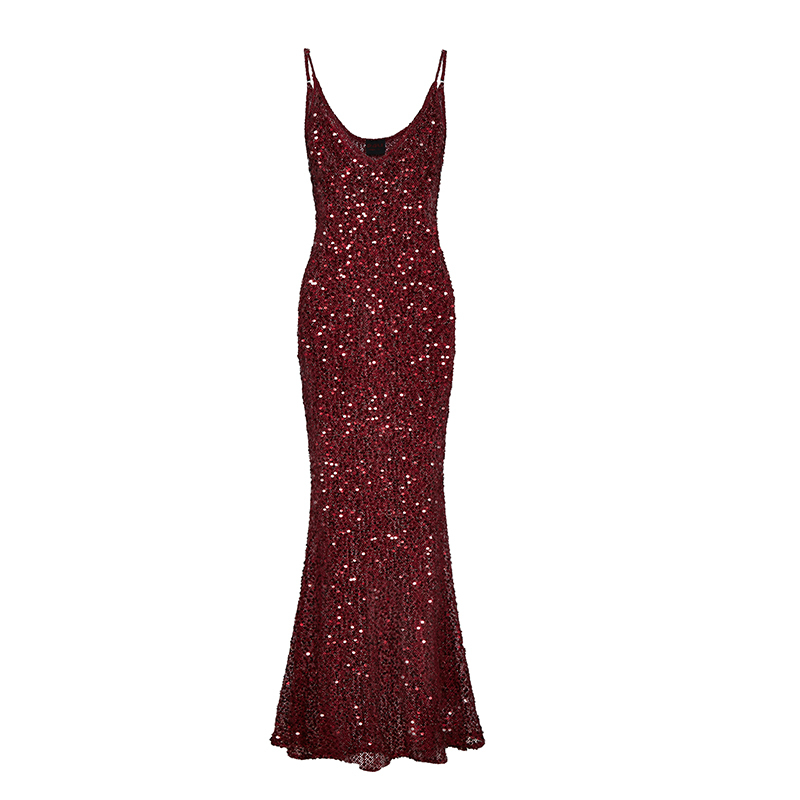 Temperament V-neck sequin fishtail suspender dress