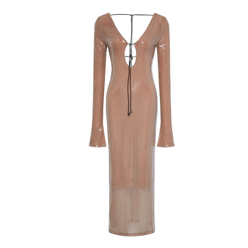 Temperament V-neck backless strappy sequined long-sleeved hip dress