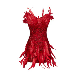 Sexy red sequined feather tube top hip dress
