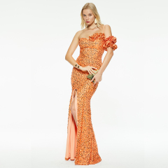 Elegant sequin single strap three-dimensional flower slit long dress