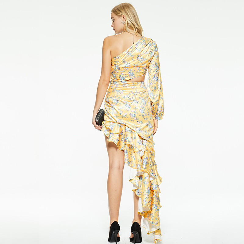 One-shoulder cutout ruffled irregular hem dress