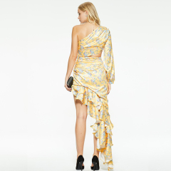 One-shoulder cutout ruffled irregular hem dress