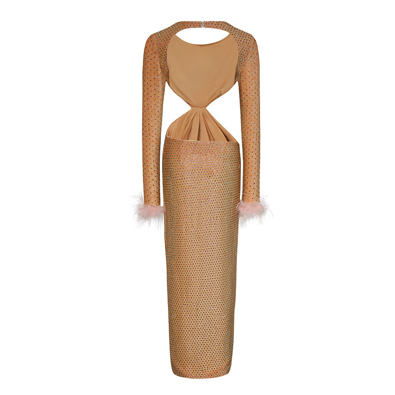 Round Neck Sequined Hollow Long Sleeve Raw Edge Slit Dress