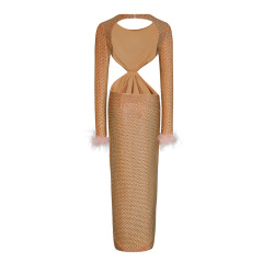 Round Neck Sequined Hollow Long Sleeve Raw Edge Slit Dress