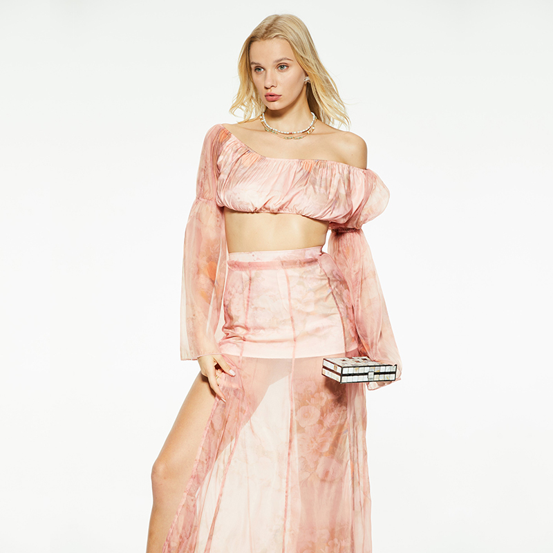Gentle one-shoulder mesh tube top/skirt suit