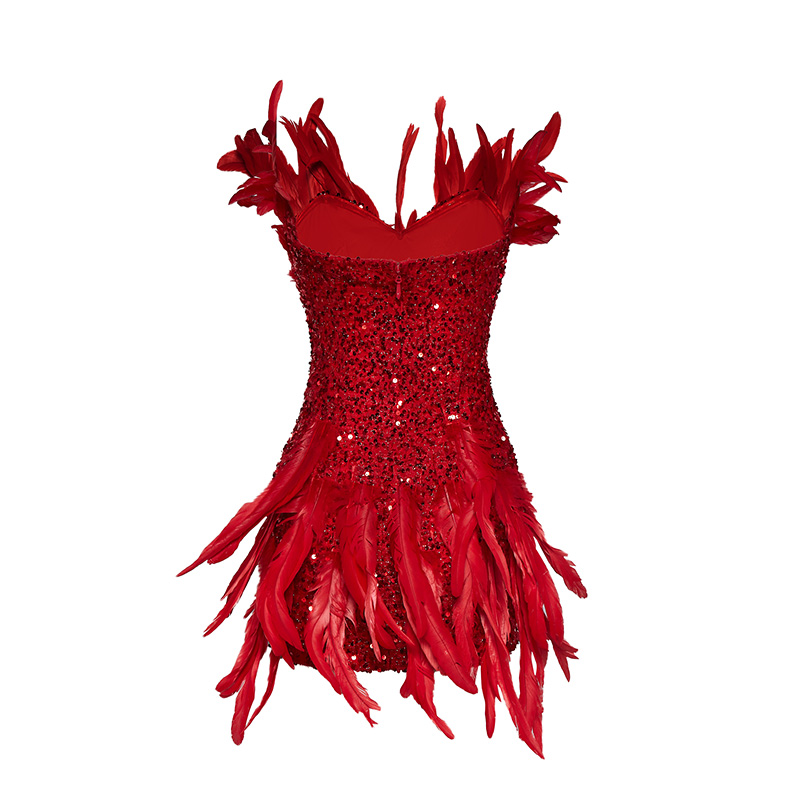 Sexy red sequined feather tube top hip dress