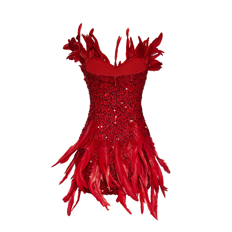 Sexy red sequined feather tube top hip dress