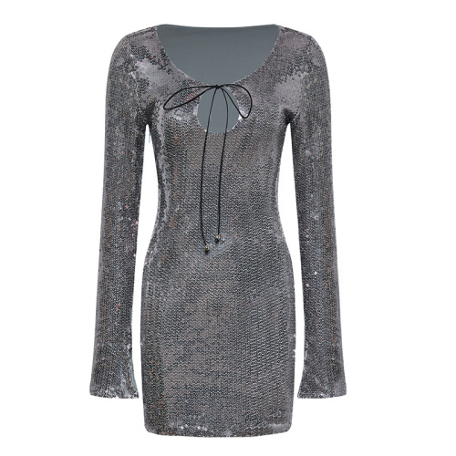 Fashionable sexy sequined hollow slim long sleeve dress