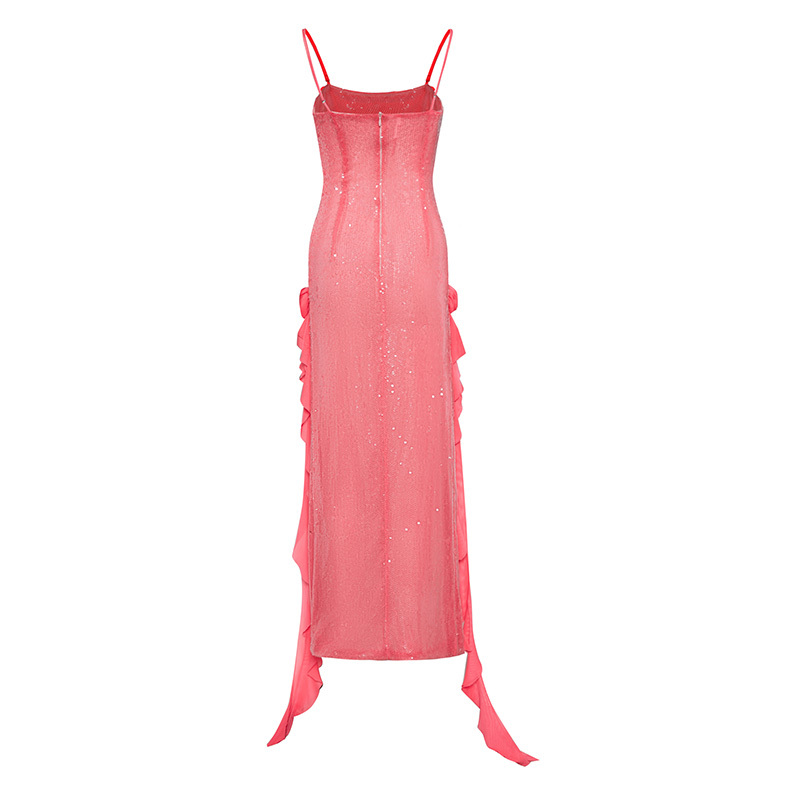 Pink Sequined 3D Mesh Flower Suspender Dress