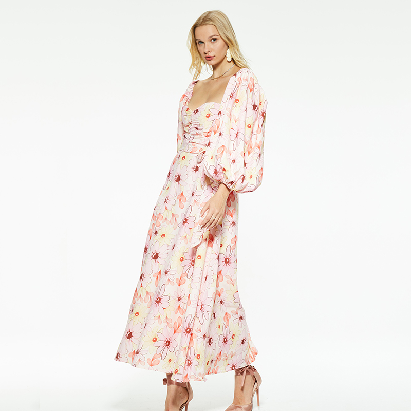 Printed waist-cinching puff sleeves low-cut dress