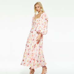 Printed waist-cinching puff sleeves low-cut dress