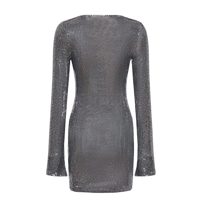 Fashionable sexy sequined hollow slim long sleeve dress