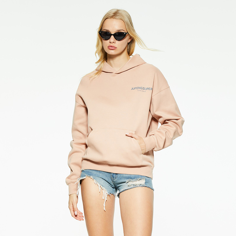 Casual large pocket solid color printed hooded sweatshirt