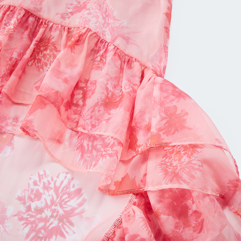 Off-shoulder ruffled floral print mesh dress