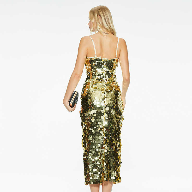 Elegant sequin evening party suspender long dress
