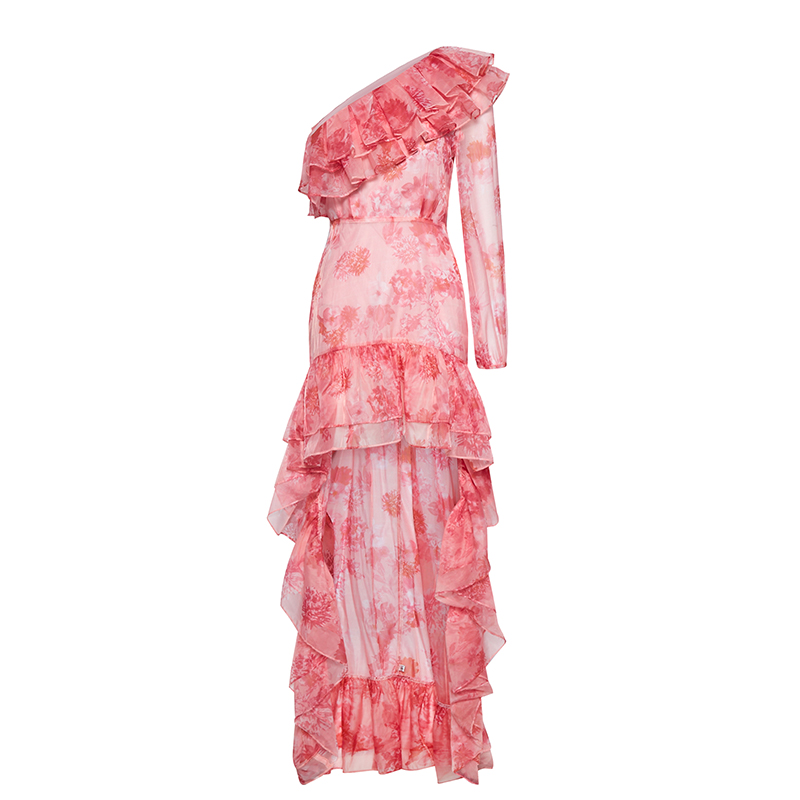 Off-shoulder ruffled floral print mesh dress