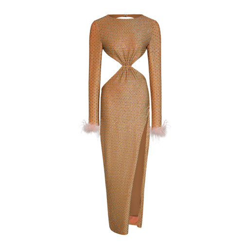 Round Neck Sequined Hollow Long Sleeve Raw Edge Slit Dress