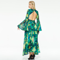 v-neck trumpet sleeves cutout backless slit dress