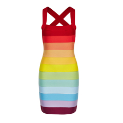 Vibrant Rainbow Striped Cross Hip Short Dress