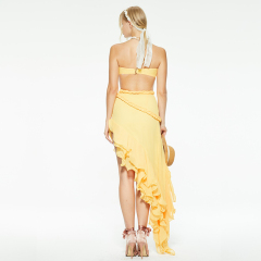 Cross cutout ruffled irregular hem tube top dress