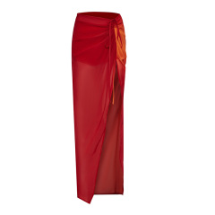 Red mesh drawstring slit skirt